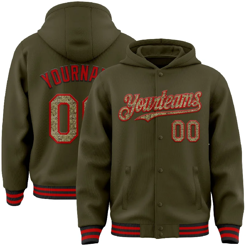 High-Quality Unisex Fashion Basics Casual Yet Chic Sales Custom Olive Camo Red-Black Bomber Full-Snap Varsity Letterman Salute To Service Hoodie Jacket High-Quality Unisex Fashion Basics Casual Yet Chic Sales Custom Olive Camo Red-Black Bomber Full-Snap Varsity Letterman Salute To Service Hoodie Jacket