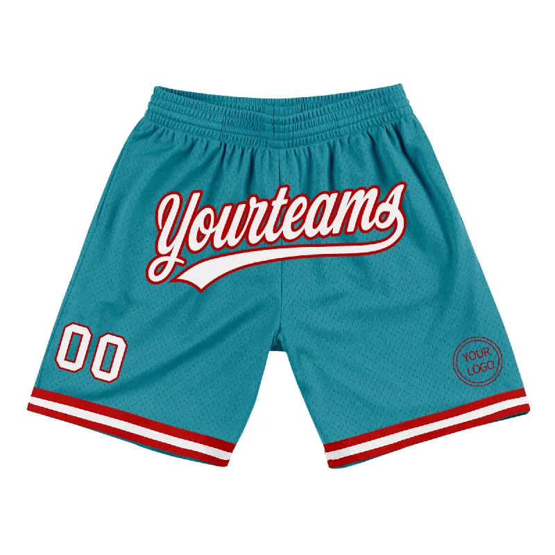 Versatile Unisex Layering Pieces Limited Styles Custom Teal White-Red Authentic Throwback Basketball Shorts Versatile Unisex Layering Pieces Limited Styles Custom Teal White-Red Authentic Throwback Basketball Shorts