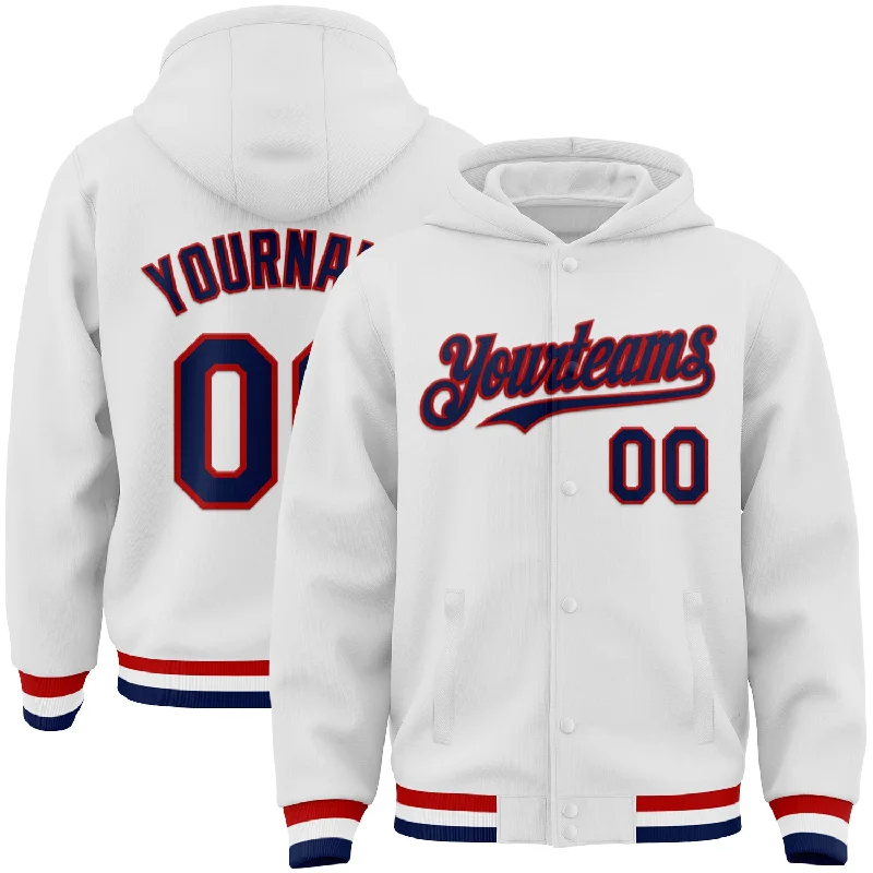 Soft And Breathable Unisex Loungewear Crazy Price Slashing Custom White Navy-Red Bomber Full-Snap Varsity Letterman Hoodie Jacket Soft And Breathable Unisex Loungewear Crazy Price Slashing Custom White Navy-Red Bomber Full-Snap Varsity Letterman Hoodie Jacket