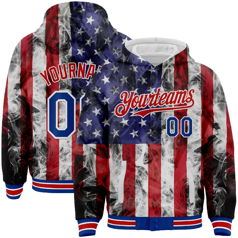Gender-Neutral Fashion For Everyday Style Best Sellers Custom White Royal-Red American Flag Fashion 3D Bomber Full-Snap Varsity Letterman Hoodie Jacket