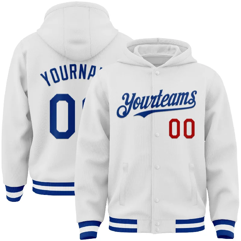 Unisex Casual Fashion Trends Fashion Forward, Function First Custom White Royal-Red Bomber Full-Snap Varsity Letterman Hoodie Jacket Unisex Casual Fashion Trends Fashion Forward, Function First Custom White Royal-Red Bomber Full-Snap Varsity Letterman Hoodie Jacket