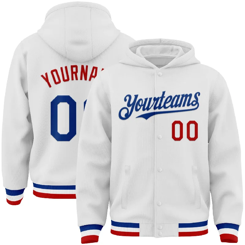 Everyday Wear For Men And Women Limited Time Offer Custom White Royal-Red Bomber Full-Snap Varsity Letterman Hoodie Jacket Everyday Wear For Men And Women Limited Time Offer Custom White Royal-Red Bomber Full-Snap Varsity Letterman Hoodie Jacket