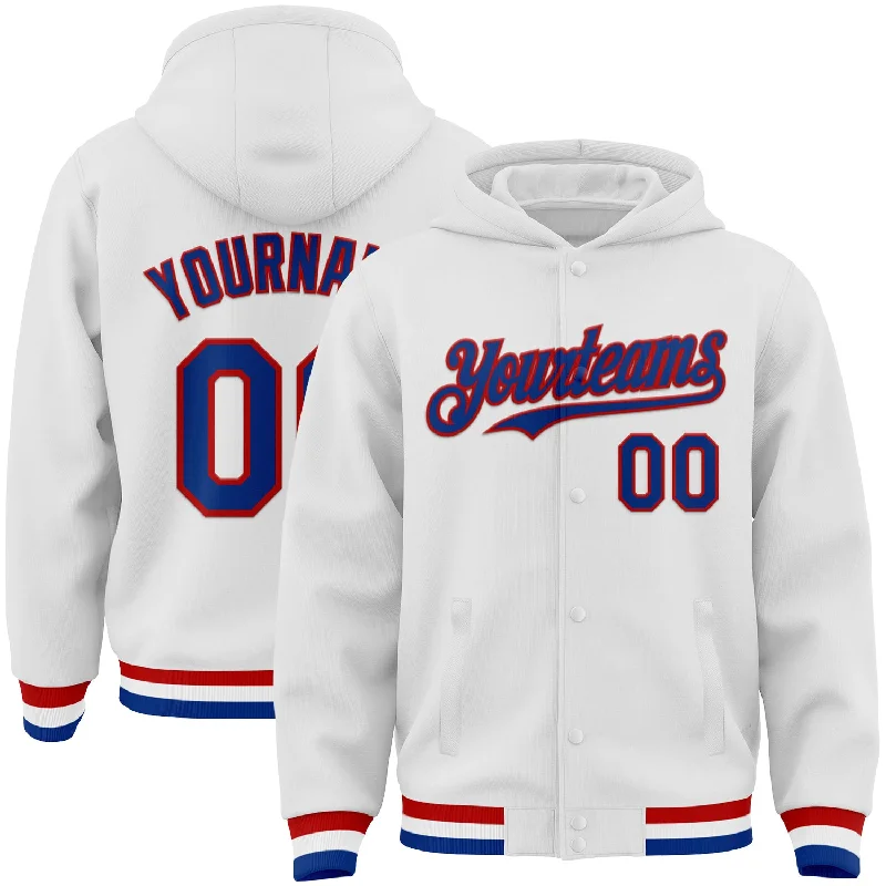 Gender-Neutral Clothing Styles Buy More, Save More Custom White Royal-Red Bomber Full-Snap Varsity Letterman Hoodie Jacket Gender-Neutral Clothing Styles Buy More, Save More Custom White Royal-Red Bomber Full-Snap Varsity Letterman Hoodie Jacket