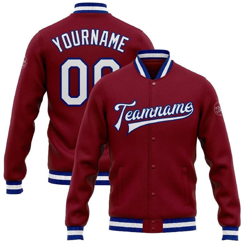 Comfortable Gender-Free Fashion Choices Avant-Garde Style Promotions Custom Crimson White-Royal Bomber Full-Snap Varsity Letterman Jacket Comfortable Gender-Free Fashion Choices Avant-Garde Style Promotions Custom Crimson White-Royal Bomber Full-Snap Varsity Letterman Jacket