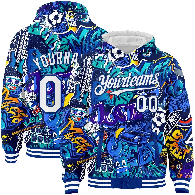 Minimalist Unisex Fashion Must-Haves Unbeatable Deals Custom Graffiti Pattern White-Royal Abstract Urban Street Art 3D Bomber Full-Snap Varsity Letterman Hoodie Jacket