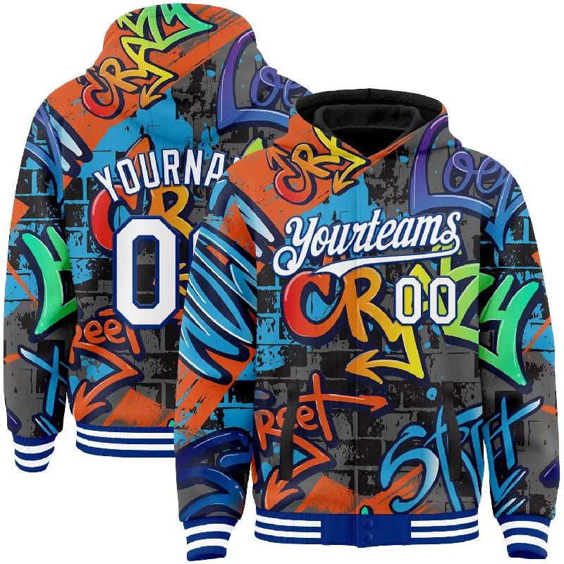 Sustainable And Ethical Unisex Clothing Season Offer Custom Graffiti Pattern White-Royal Abstract Urban Street Art 3D Bomber Full-Snap Varsity Letterman Hoodie Jacket