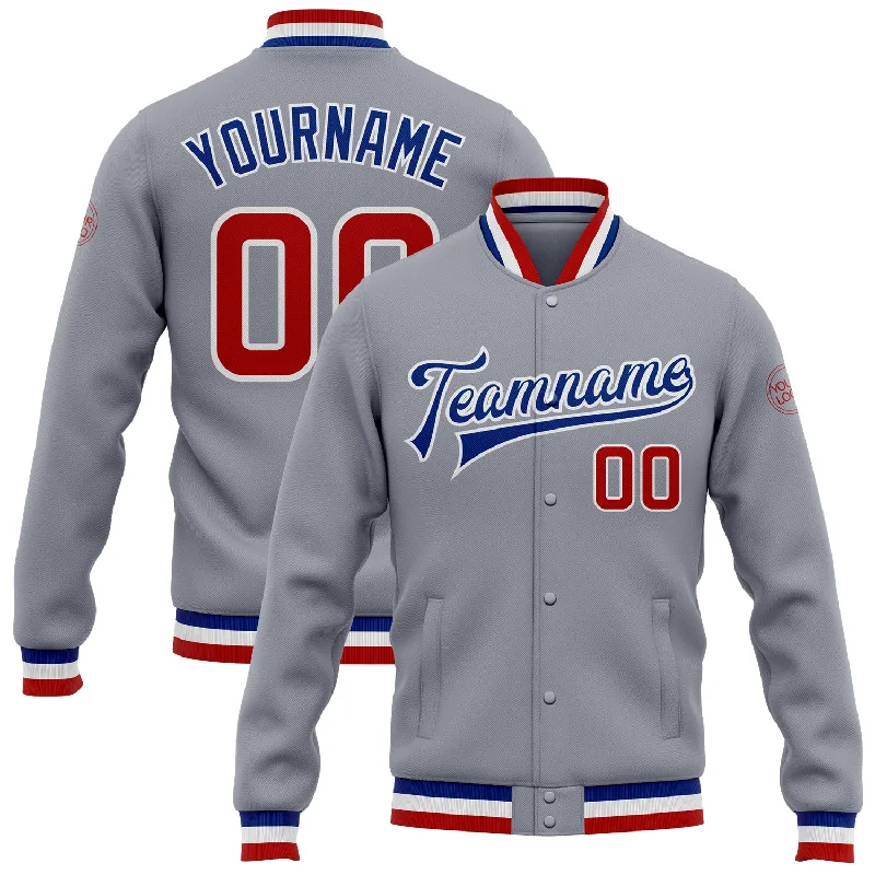 Bold And Trendy Gender-Neutral Outfits Fashion Essentials Custom Gray Red-Royal Bomber Full-Snap Varsity Letterman Jacket Bold And Trendy Gender-Neutral Outfits Fashion Essentials Custom Gray Red-Royal Bomber Full-Snap Varsity Letterman Jacket