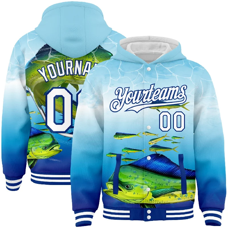 Versatile Gender-Free Wardrobe Essentials Must Haves Custom Lakes Blue White-Royal Mahimah Fish Fishing 3D Bomber Full-Snap Varsity Letterman Hoodie Jacket