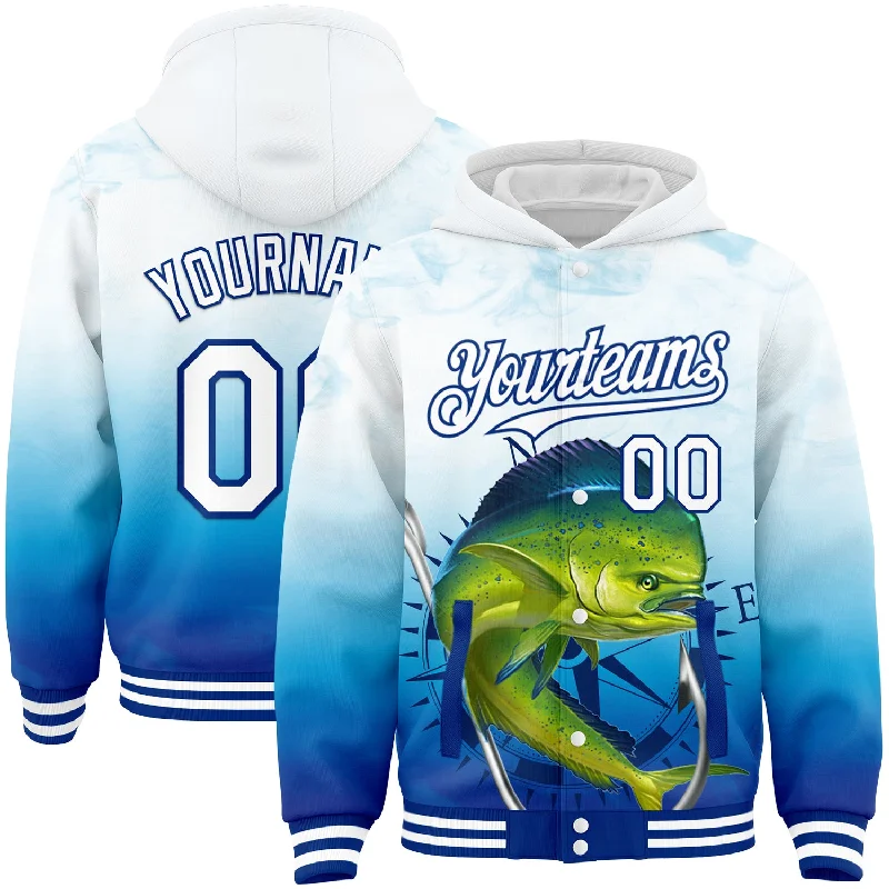 Comfortable And Stylish Unisex Outfits Gift Ideas Custom Lakes Blue White-Royal Mahimah Fish Fishing 3D Bomber Full-Snap Varsity Letterman Hoodie Jacket