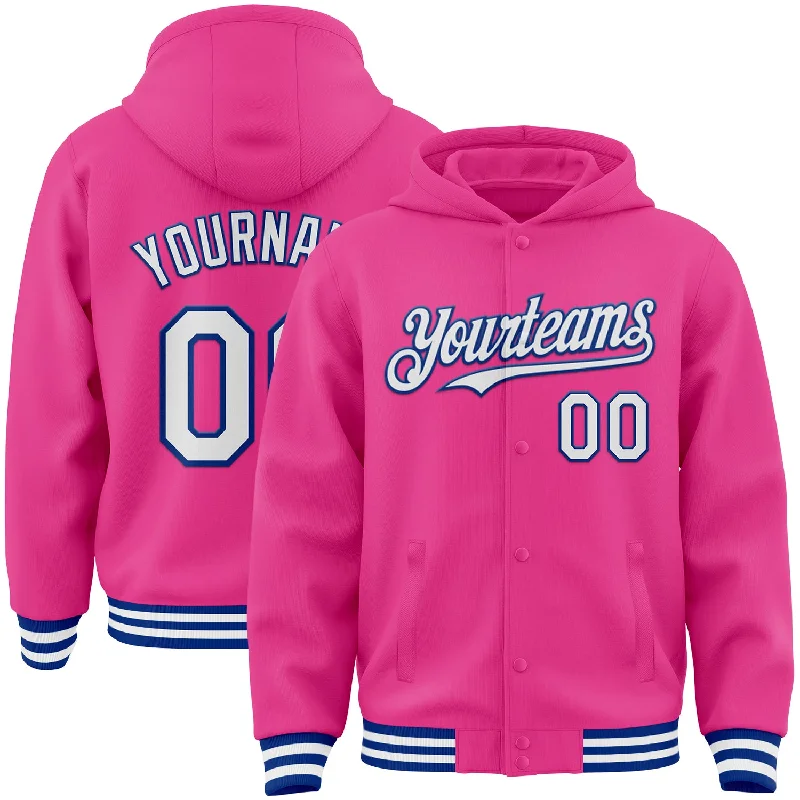 Lightweight And Breathable Unisex Wear Inspired By You, Designed For You Custom Pink White-Royal Bomber Full-Snap Varsity Letterman Hoodie Jacket Lightweight And Breathable Unisex Wear Inspired By You, Designed For You Custom Pink White-Royal Bomber Full-Snap Varsity Letterman Hoodie Jacket