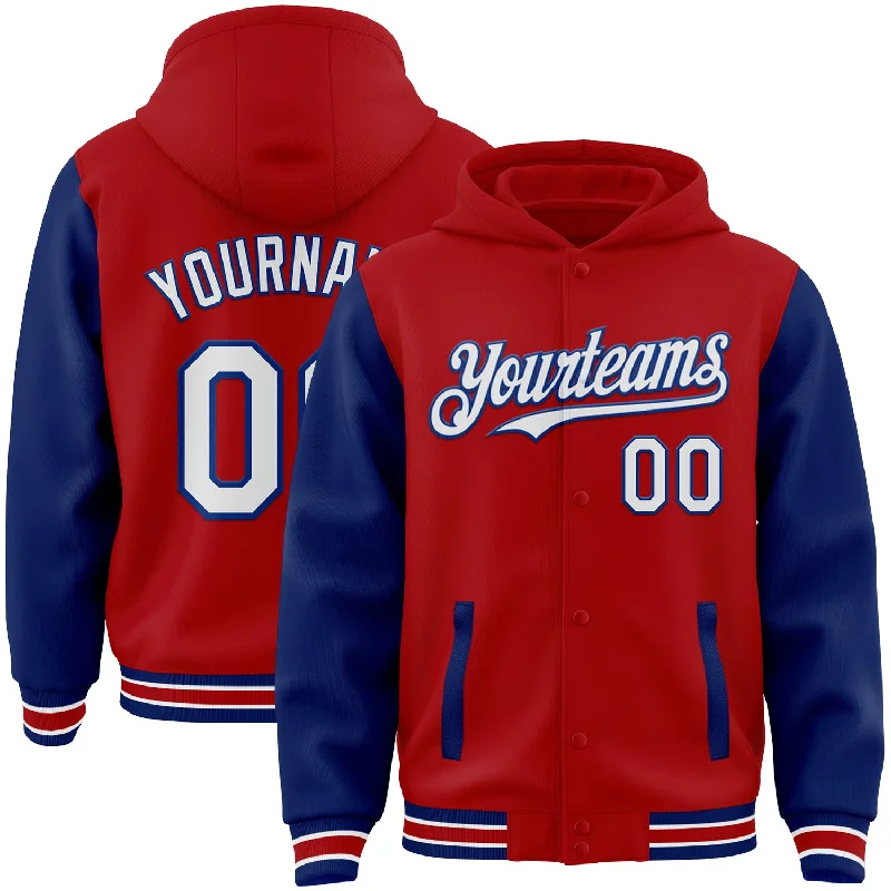 Chic And Contemporary Unisex Clothing Choices Buy More, Save More Custom Red White-Royal Bomber Full-Snap Varsity Letterman Two Tone Hoodie Jacket