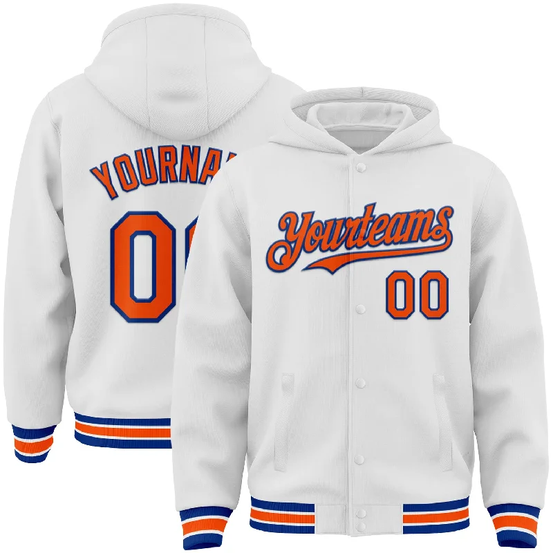 Bold And Trendy Gender-Neutral Outfits Huge Markdowns Custom White Orange-Royal Bomber Full-Snap Varsity Letterman Hoodie Jacket