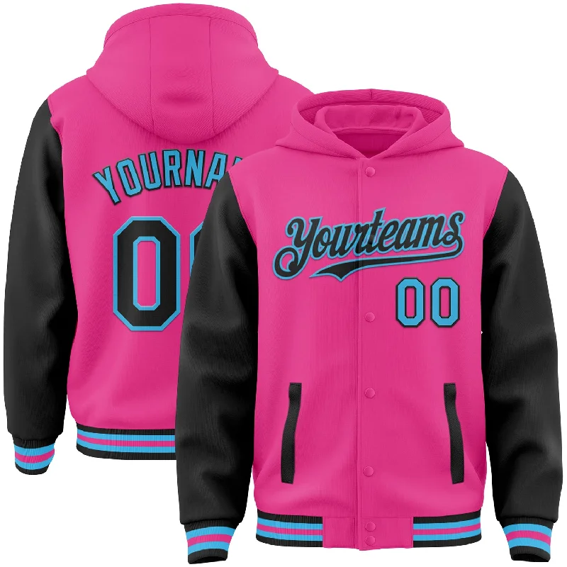 Sustainable And Ethical Unisex Clothing Affordable Trendy Fashion Custom Pink Black-Sky Blue Bomber Full-Snap Varsity Letterman Two Tone Hoodie Jacket Sustainable And Ethical Unisex Clothing Affordable Trendy Fashion Custom Pink Black-Sky Blue Bomber Full-Snap Varsity Letterman Two Tone Hoodie Jacket