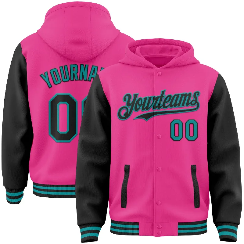 Fashion-Forward Unisex Apparel Vintage-Modern Style Offers Custom Pink Black-Teal Bomber Full-Snap Varsity Letterman Two Tone Hoodie Jacket Fashion-Forward Unisex Apparel Vintage-Modern Style Offers Custom Pink Black-Teal Bomber Full-Snap Varsity Letterman Two Tone Hoodie Jacket