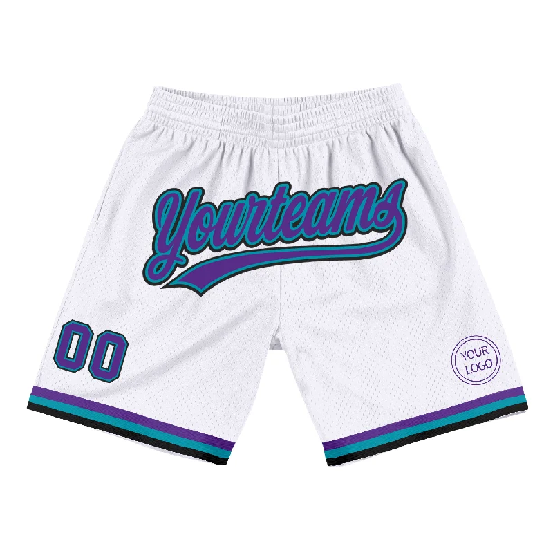 Sleek And Stylish Unisex Outerwear Chic Style, Always In Vogue Custom White Purple Teal-Black Authentic Throwback Basketball Shorts Sleek And Stylish Unisex Outerwear Chic Style, Always In Vogue Custom White Purple Teal-Black Authentic Throwback Basketball Shorts