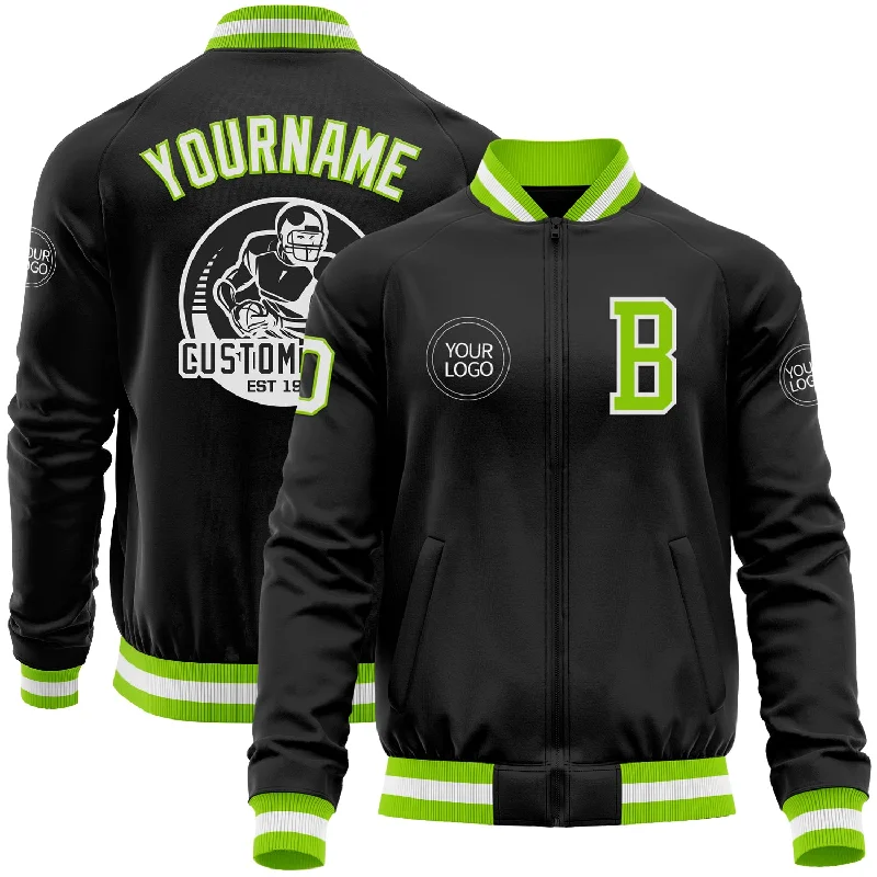 Versatile And Stylish Unisex Apparel Exclusive Deals Online Custom Black Neon Green-White Bomber Varsity Letterman Zipper Jacket Versatile And Stylish Unisex Apparel Exclusive Deals Online Custom Black Neon Green-White Bomber Varsity Letterman Zipper Jacket
