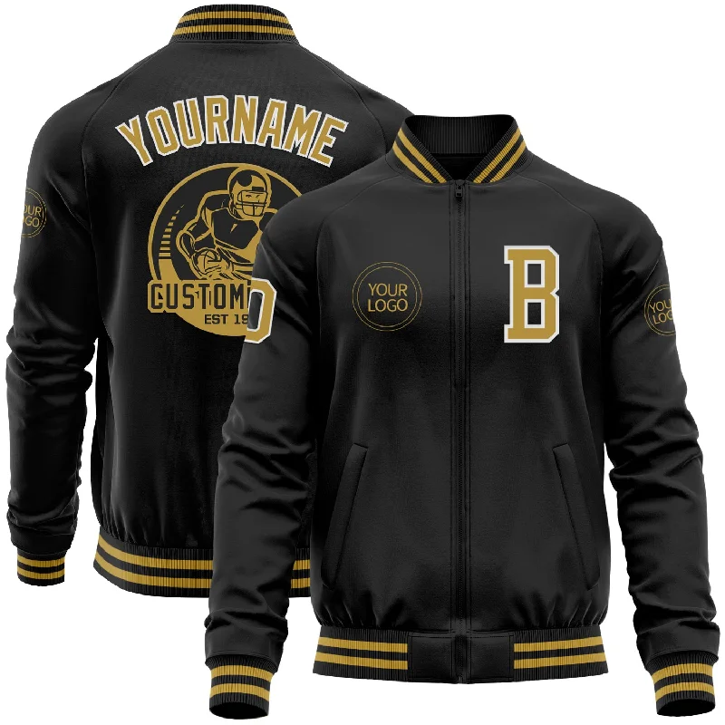 Chic And Casual Unisex Fashion Trends Discount Extravaganza Custom Black Old Gold-White Bomber Varsity Letterman Zipper Jacket Chic And Casual Unisex Fashion Trends Discount Extravaganza Custom Black Old Gold-White Bomber Varsity Letterman Zipper Jacket