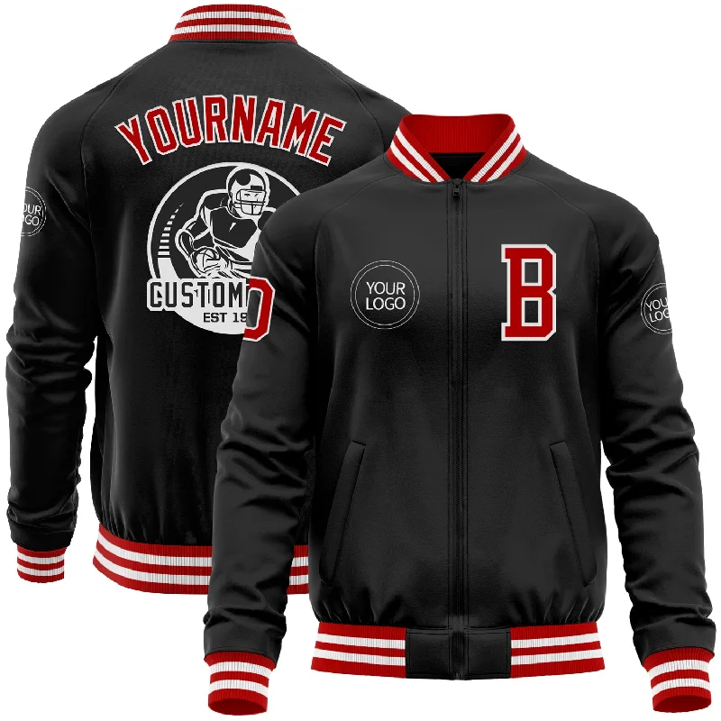 Oversized And Relaxed Unisex Fashion Seasonal Style Discounts Custom Black Red-White Bomber Varsity Letterman Zipper Jacket Oversized And Relaxed Unisex Fashion Seasonal Style Discounts Custom Black Red-White Bomber Varsity Letterman Zipper Jacket