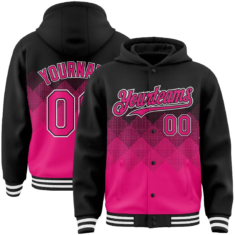 Everyday Wear For Men And Women Classy Style Discounts Custom Black Hot Pink-White Gradient Square Shape 3D Pattern Design Bomber Full-Snap Varsity Letterman Hoodie Jacket Everyday Wear For Men And Women Classy Style Discounts Custom Black Hot Pink-White Gradient Square Shape 3D Pattern Design Bomber Full-Snap Varsity Letterman Hoodie Jacket
