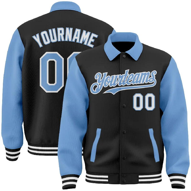 High-Quality Unisex Fashion Basics Summer Deals Custom Black Light Blue-White Bomber Full-Snap Varsity Letterman Two Tone Lapel Collar Byron Jacket