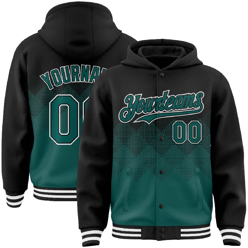 Comfortable Unisex Streetwear Urban Elegance Deals Custom Black Midnight Green-White Gradient Square Shape 3D Pattern Design Bomber Full-Snap Varsity Letterman Hoodie Jacket Comfortable Unisex Streetwear Urban Elegance Deals Custom Black Midnight Green-White Gradient Square Shape 3D Pattern Design Bomber Full-Snap Varsity Letterman Hoodie Jacket