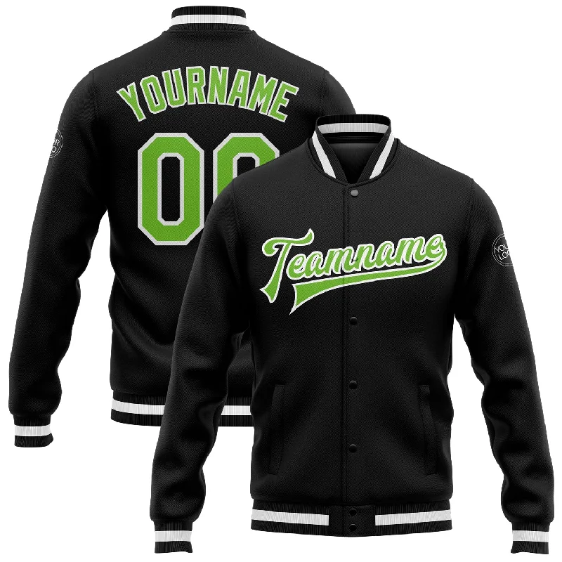 High-Quality Unisex Basics For Everyday Wear Modish Fashion Discounts Custom Black Neon Green-White Bomber Full-Snap Varsity Letterman Jacket High-Quality Unisex Basics For Everyday Wear Modish Fashion Discounts Custom Black Neon Green-White Bomber Full-Snap Varsity Letterman Jacket