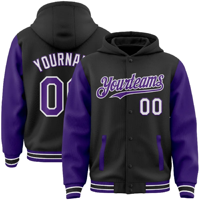 Oversized And Relaxed Unisex Fashion Crazy Price Slashing Custom Black Purple-White Bomber Full-Snap Varsity Letterman Two Tone Hoodie Jacket