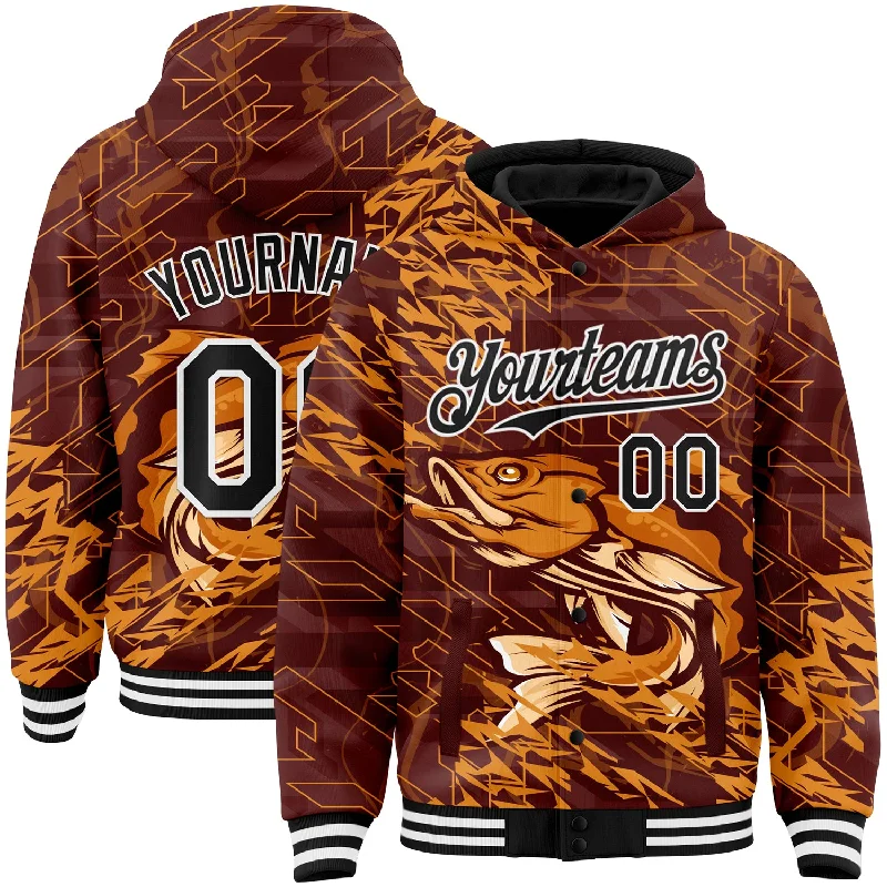 Fashion-Forward Gender-Neutral Outfit Ideas Huge Markdowns Custom Brown Black-White Largemouth Bass Fish Fishing 3D Bomber Full-Snap Varsity Letterman Hoodie Jacket
