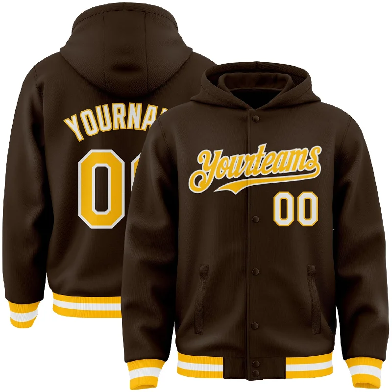 Stylish Unisex Outfit Ideas Fashion Forward Custom Brown Gold-White Bomber Full-Snap Varsity Letterman Hoodie Jacket Stylish Unisex Outfit Ideas Fashion Forward Custom Brown Gold-White Bomber Full-Snap Varsity Letterman Hoodie Jacket