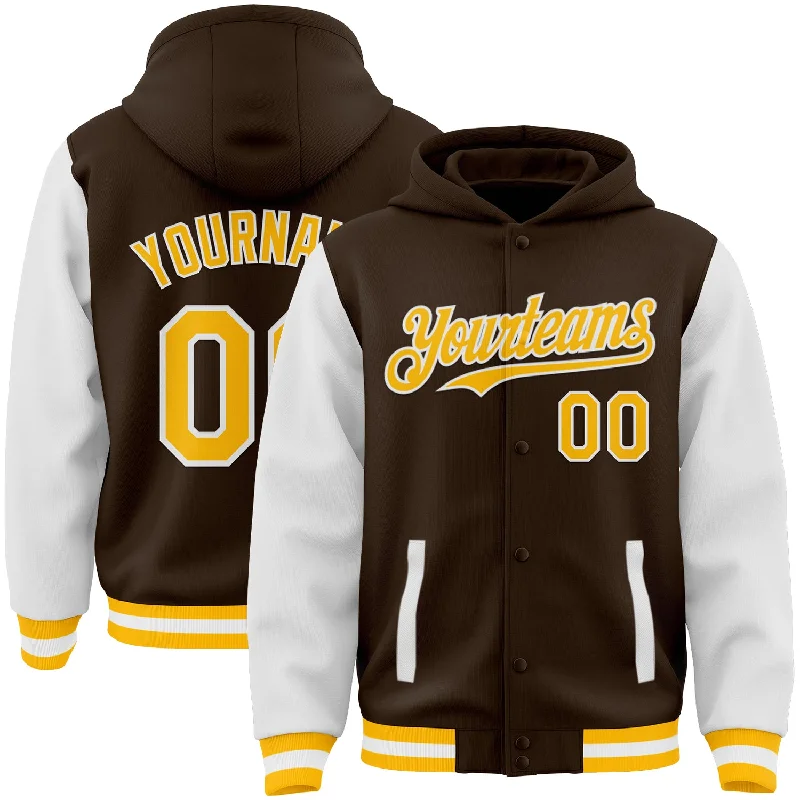 Fashion-Forward Gender-Neutral Outfit Ideas Limited Time Custom Brown Gold-White Bomber Full-Snap Varsity Letterman Two Tone Hoodie Jacket Fashion-Forward Gender-Neutral Outfit Ideas Limited Time Custom Brown Gold-White Bomber Full-Snap Varsity Letterman Two Tone Hoodie Jacket