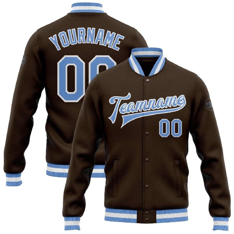 Sleek And Stylish Unisex Outerwear Sophisticated Style Offers Custom Brown Light Blue-White Bomber Full-Snap Varsity Letterman Jacket Sleek And Stylish Unisex Outerwear Sophisticated Style Offers Custom Brown Light Blue-White Bomber Full-Snap Varsity Letterman Jacket