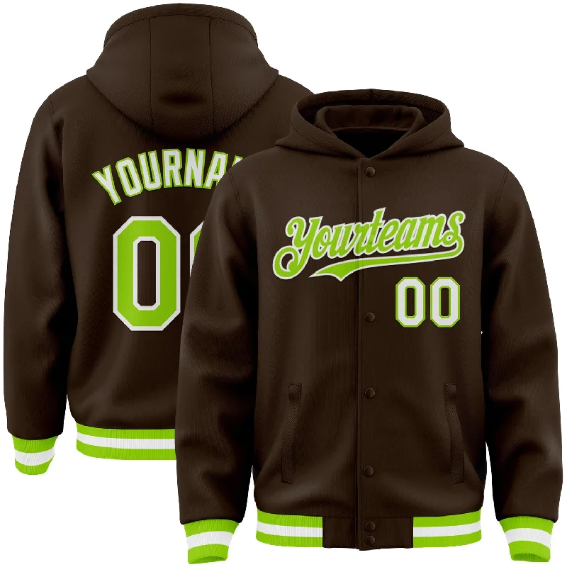 Functional And Stylish Unisex Wear Essentials On Sale Custom Brown Neon Green-White Bomber Full-Snap Varsity Letterman Hoodie Jacket Functional And Stylish Unisex Wear Essentials On Sale Custom Brown Neon Green-White Bomber Full-Snap Varsity Letterman Hoodie Jacket