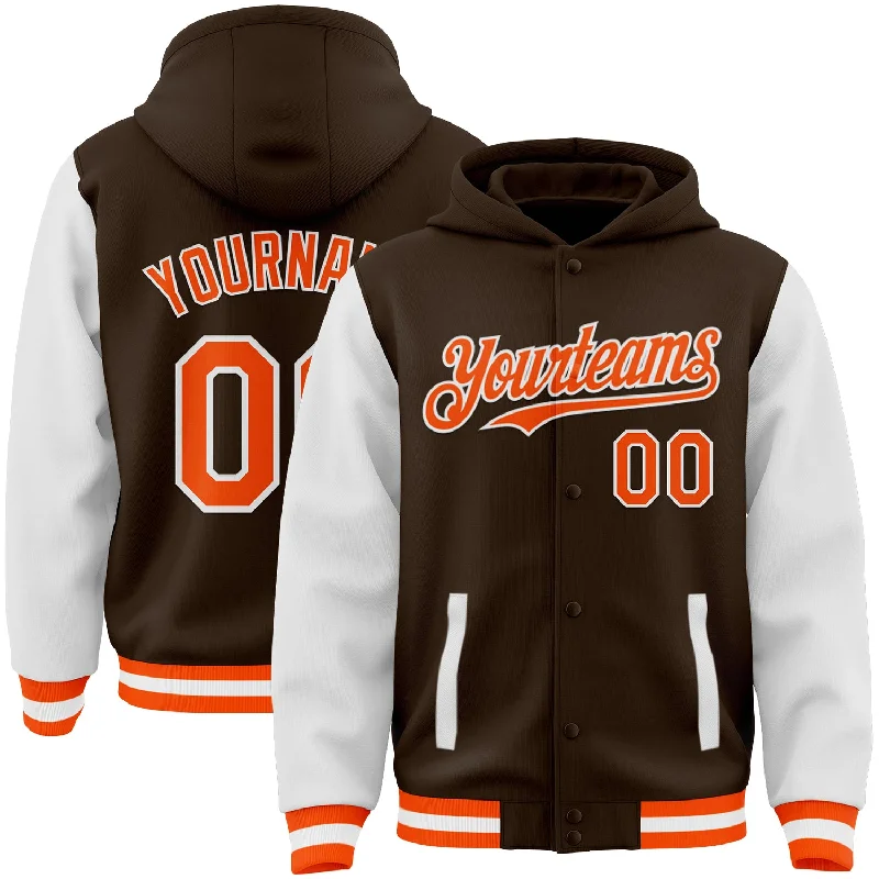 Minimalist Unisex Wardrobe Must-Haves Trendy Fashion Sale Custom Brown Orange-White Bomber Full-Snap Varsity Letterman Two Tone Hoodie Jacket Minimalist Unisex Wardrobe Must-Haves Trendy Fashion Sale Custom Brown Orange-White Bomber Full-Snap Varsity Letterman Two Tone Hoodie Jacket
