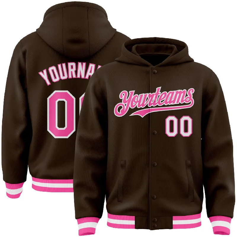 High-Quality Unisex Basics For All Occasions Inspired By You, Designed For You Custom Brown Pink-White Bomber Full-Snap Varsity Letterman Hoodie Jacket High-Quality Unisex Basics For All Occasions Inspired By You, Designed For You Custom Brown Pink-White Bomber Full-Snap Varsity Letterman Hoodie Jacket
