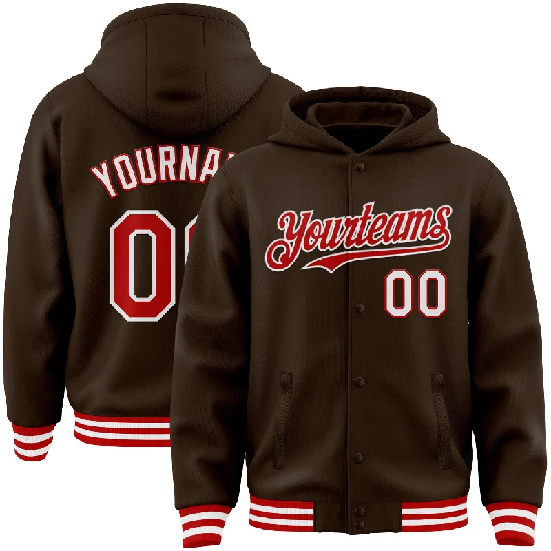 Soft And Breathable Unisex Loungewear Special Offers Custom Brown Red-White Bomber Full-Snap Varsity Letterman Hoodie Jacket
