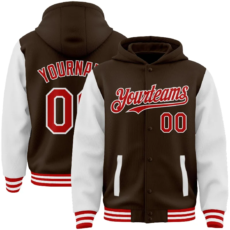 Classic And Timeless Unisex Style Limited Time Flash Sale Custom Brown Red-White Bomber Full-Snap Varsity Letterman Two Tone Hoodie Jacket Classic And Timeless Unisex Style Limited Time Flash Sale Custom Brown Red-White Bomber Full-Snap Varsity Letterman Two Tone Hoodie Jacket
