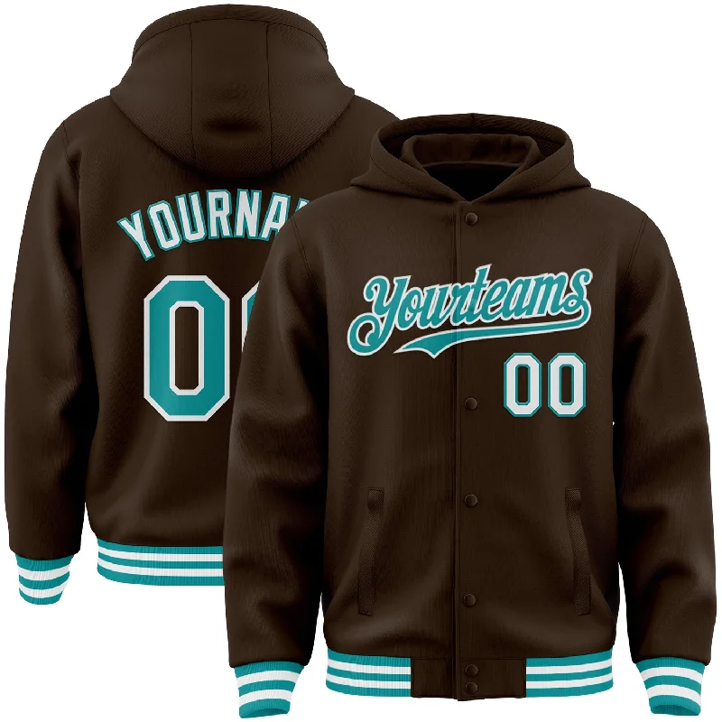 Breathable And Lightweight Unisex Wear Ends Soon Custom Brown Teal-White Bomber Full-Snap Varsity Letterman Hoodie Jacket