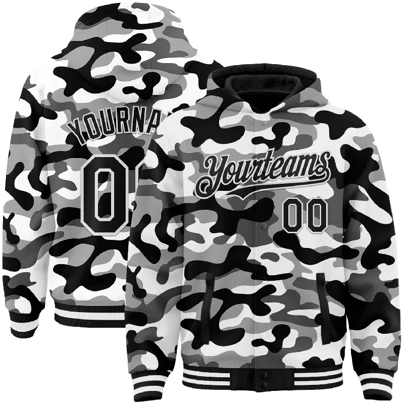 Trendy Unisex Streetwear Fashion Discover Now Custom Camo Black-White 3D Bomber Full-Snap Varsity Letterman Salute To Service Hoodie Jacket