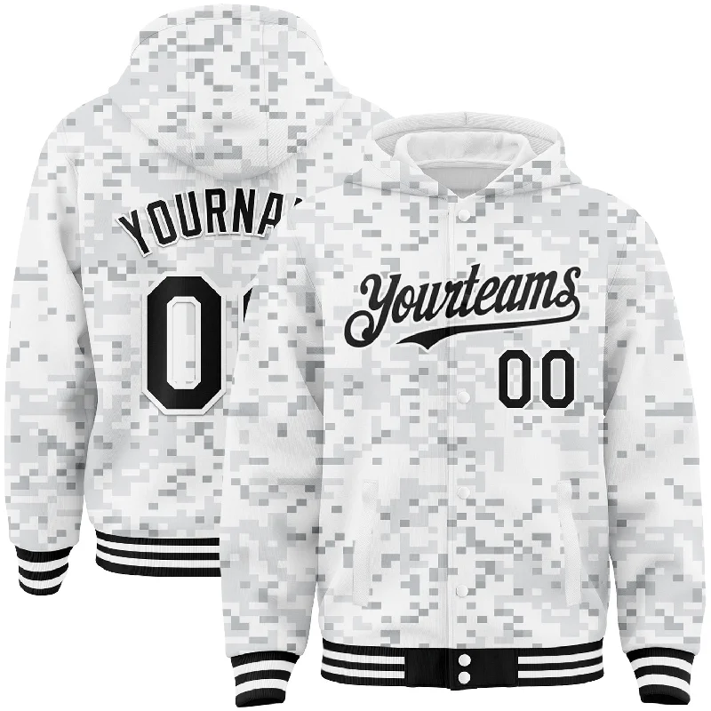 Fashion-Forward Unisex Apparel Hot Deals Custom Camo Black-White Arctic Camouflage 3D Bomber Full-Snap Varsity Letterman Salute To Service Hoodie Jacket