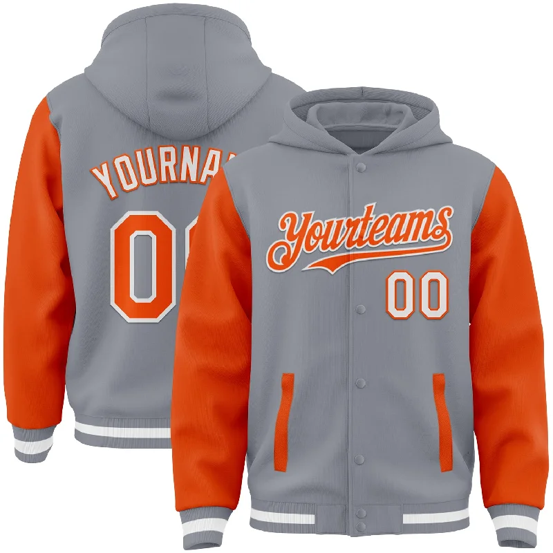 Classic Unisex Fashion Looks Romantic Chic Deals Custom Gray Orange-White Bomber Full-Snap Varsity Letterman Two Tone Hoodie Jacket Classic Unisex Fashion Looks Romantic Chic Deals Custom Gray Orange-White Bomber Full-Snap Varsity Letterman Two Tone Hoodie Jacket