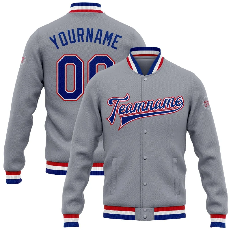 Modern Unisex Streetwear Outfits Contemporary Fashion Sale Custom Gray Royal White-Red Bomber Full-Snap Varsity Letterman Jacket Modern Unisex Streetwear Outfits Contemporary Fashion Sale Custom Gray Royal White-Red Bomber Full-Snap Varsity Letterman Jacket