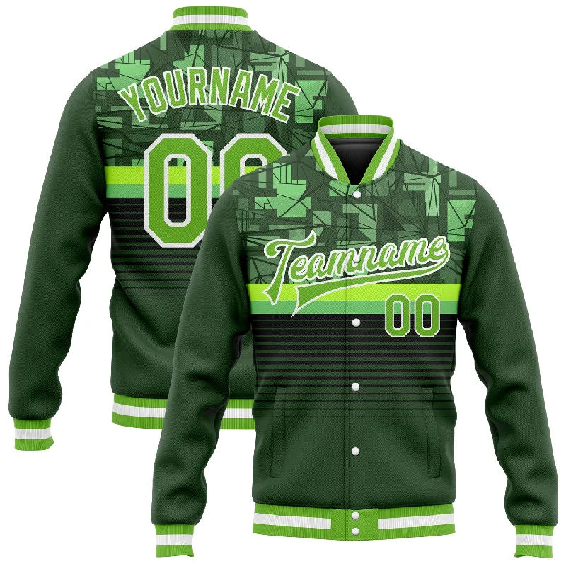 Stylish Unisex Outfit Ideas Relaxed Style Custom Green Neon Green-White 3D Pattern Design Bomber Full-Snap Varsity Letterman Jacket Stylish Unisex Outfit Ideas Relaxed Style Custom Green Neon Green-White 3D Pattern Design Bomber Full-Snap Varsity Letterman Jacket