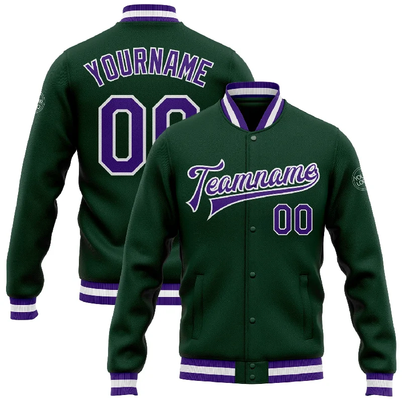 Classic Unisex Fashion Looks Stylish Deals Custom Green Purple-White Bomber Full-Snap Varsity Letterman Jacket
