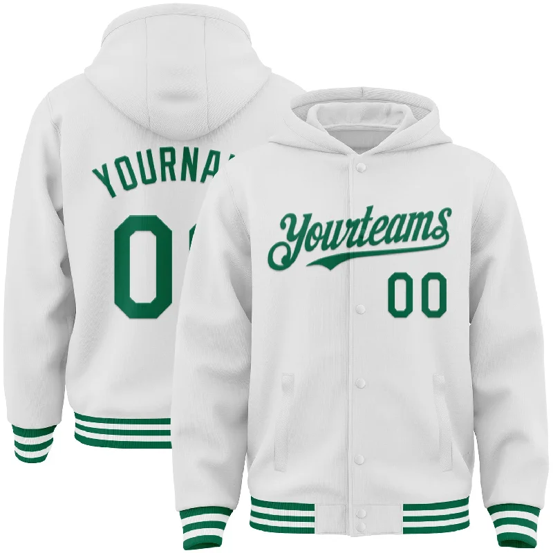 Casual And Trendy Unisex Fashion Staples Trend Forward Threads Custom White Kelly Green Bomber Full-Snap Varsity Letterman Hoodie Jacket Casual And Trendy Unisex Fashion Staples Trend Forward Threads Custom White Kelly Green Bomber Full-Snap Varsity Letterman Hoodie Jacket
