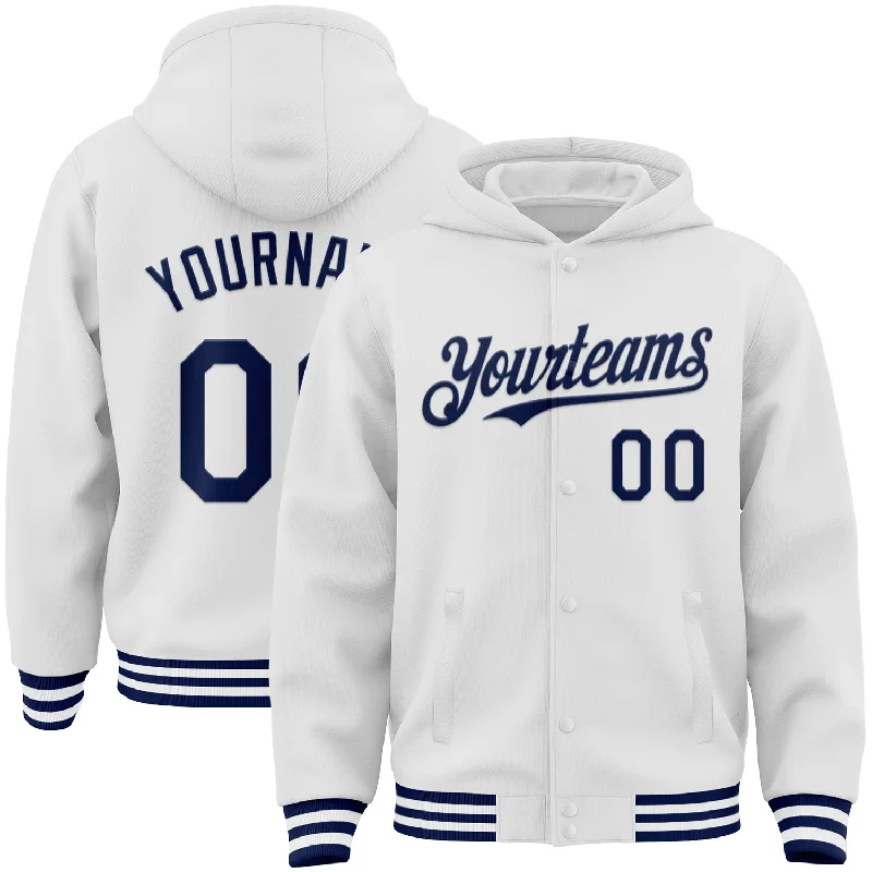 Versatile Unisex Layering Pieces Stylish Statements Custom White Navy Bomber Full-Snap Varsity Letterman Hoodie Jacket Versatile Unisex Layering Pieces Stylish Statements Custom White Navy Bomber Full-Snap Varsity Letterman Hoodie Jacket