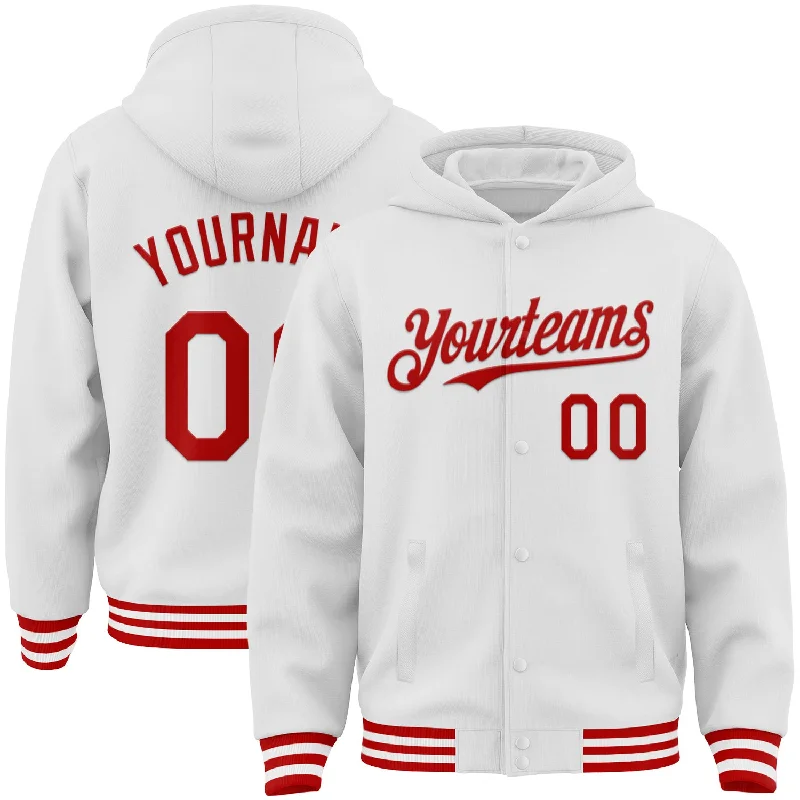 Oversized Unisex Fashion Pieces Trend Leading Collection Custom White Red Bomber Full-Snap Varsity Letterman Hoodie Jacket Oversized Unisex Fashion Pieces Trend Leading Collection Custom White Red Bomber Full-Snap Varsity Letterman Hoodie Jacket