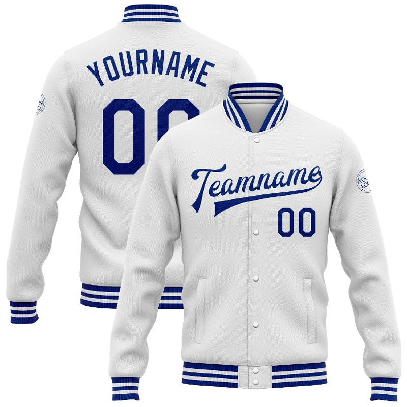 Sustainable And Ethical Unisex Clothing Fashion Forward Femininity Custom White Royal Bomber Full-Snap Varsity Letterman Jacket Sustainable And Ethical Unisex Clothing Fashion Forward Femininity Custom White Royal Bomber Full-Snap Varsity Letterman Jacket