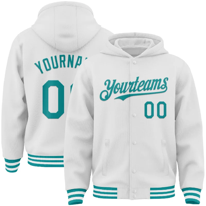 Sustainable And Ethical Unisex Clothing Comfortable Chic Custom White Teal Bomber Full-Snap Varsity Letterman Hoodie Jacket Sustainable And Ethical Unisex Clothing Comfortable Chic Custom White Teal Bomber Full-Snap Varsity Letterman Hoodie Jacket