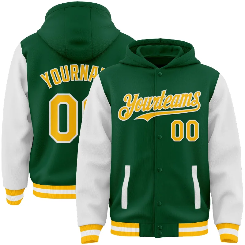 Gender-Neutral Clothing Styles Final Sale Custom Kelly Green Gold-White Bomber Full-Snap Varsity Letterman Two Tone Hoodie Jacket Gender-Neutral Clothing Styles Final Sale Custom Kelly Green Gold-White Bomber Full-Snap Varsity Letterman Two Tone Hoodie Jacket