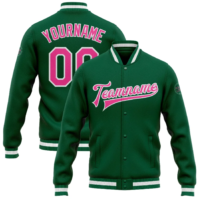 Classic And Timeless Gender-Neutral Fashion Romantic Fashion Discounts Custom Kelly Green Pink-White Bomber Full-Snap Varsity Letterman Jacket Classic And Timeless Gender-Neutral Fashion Romantic Fashion Discounts Custom Kelly Green Pink-White Bomber Full-Snap Varsity Letterman Jacket